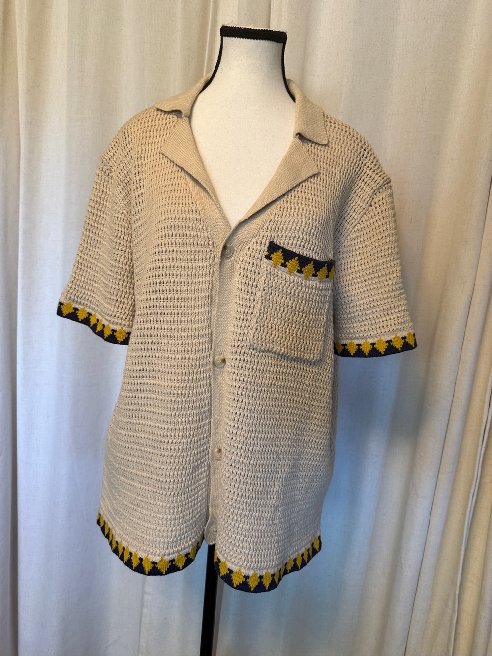 Knit Short-Sleeve Crochet Camp/Cubano Shirt with Yellow & Navy Mod Trim